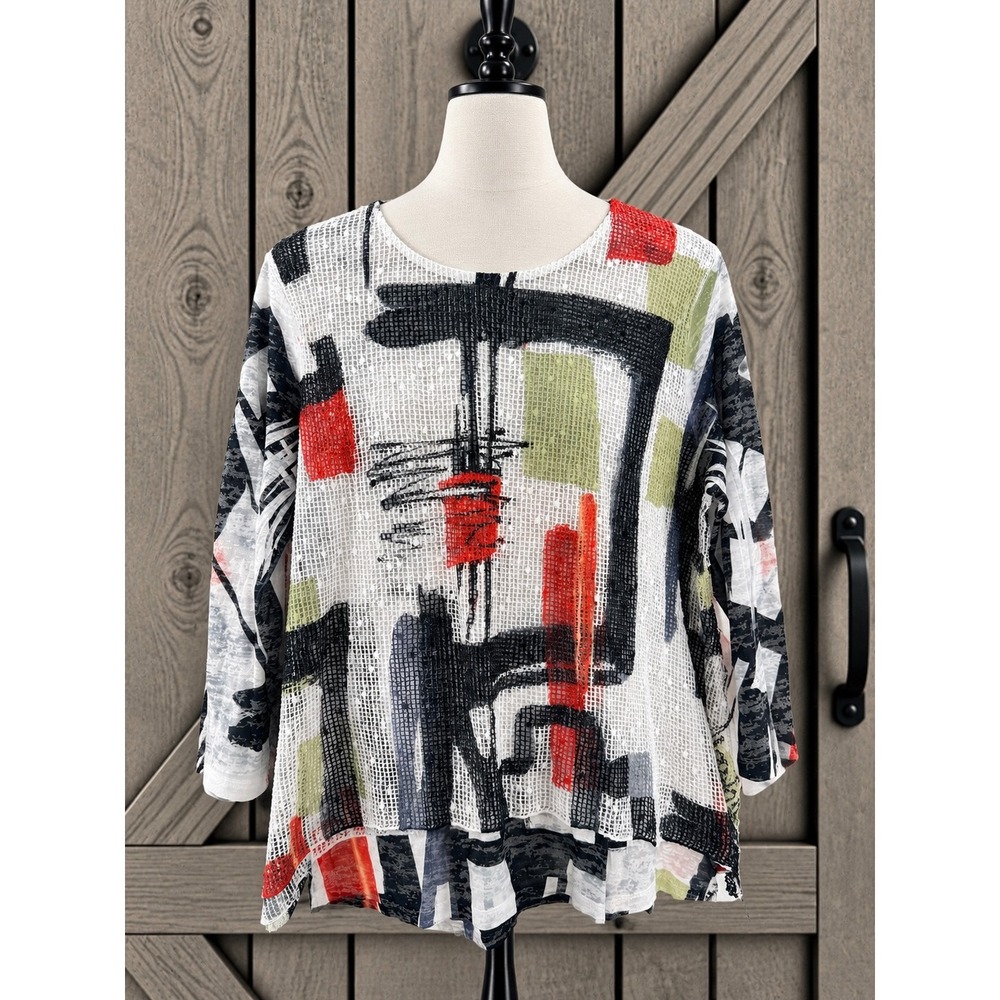 Jess & Jane Tunic Top Medium White Multi Abstract Burnout Mesh 3/4 Sleeve BC4000